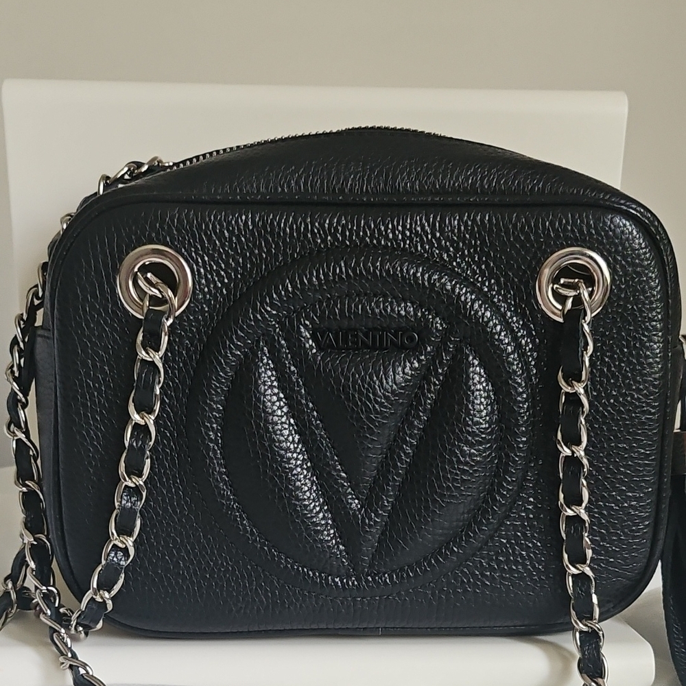 Valentino Black Quilted Crossbody Bag with Silver Chain